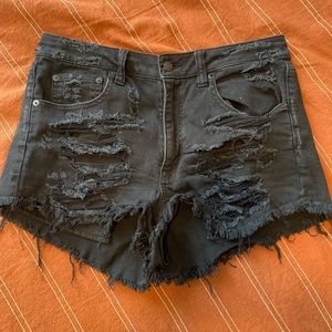 Distressed Black Denim Shorts